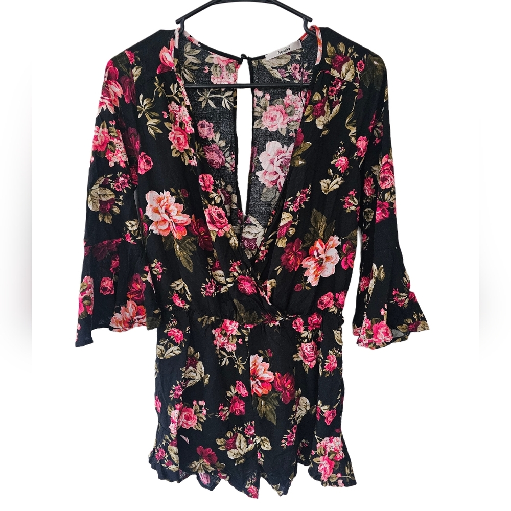 Papaya Black & Floral Deep V-neck Romper Sz M Like New